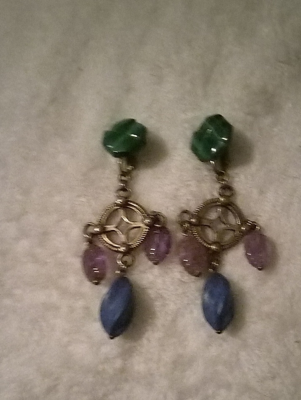 925 Vintage Stephen Dweck 925 Green, Purple & Blue Drop Clip On Earrings